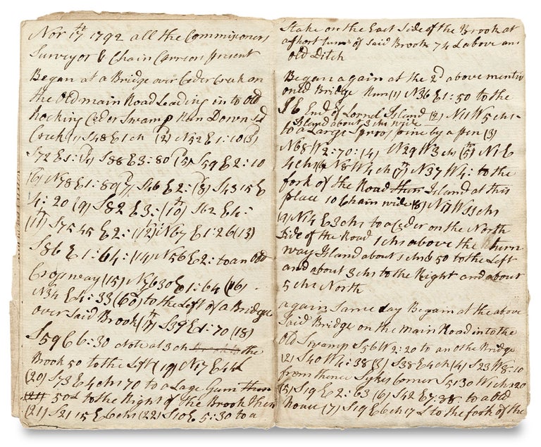 [145190] [New Jersey surveyor’s 1792 manuscript notebook, likely kept by Ebenezer Tucker (1758–1845), for Land in Ocean County, New Jersey, near Little Egg Harbor and Manahawkin]. Ebenezer Tucker, 1758–1845.