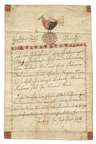 1818 Alsatian folk art Taufschein with Pennsylvania-German ties, chicken and egg motif.