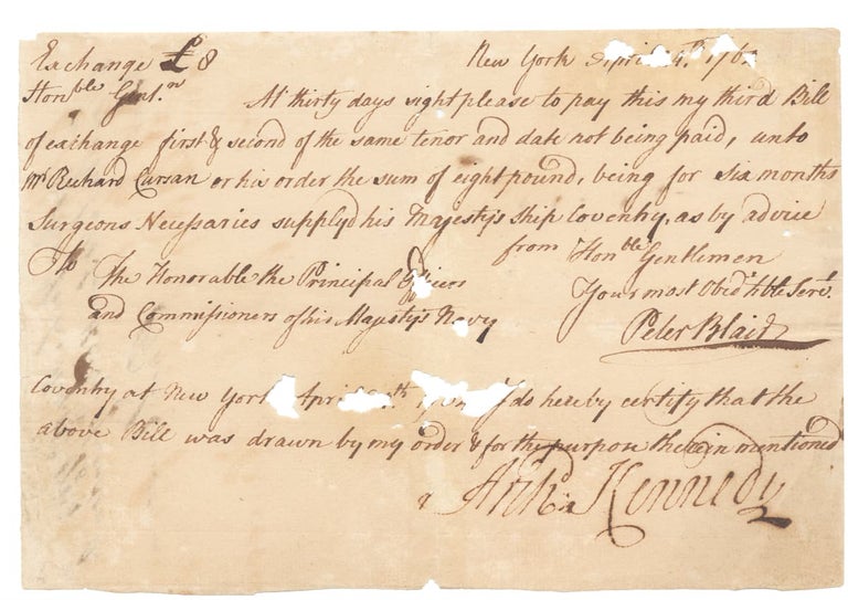 [145381] [1764 Autograph Document Signed for Surgeon’s Necessaries by Captain Archibald Kennedy, Royal Navy; During the Stamp Act Crisis: Kennedy in charge of protecting the Tax Stamps in New York City]. Archd. Kennedy, Captain Archibald Kennedy.