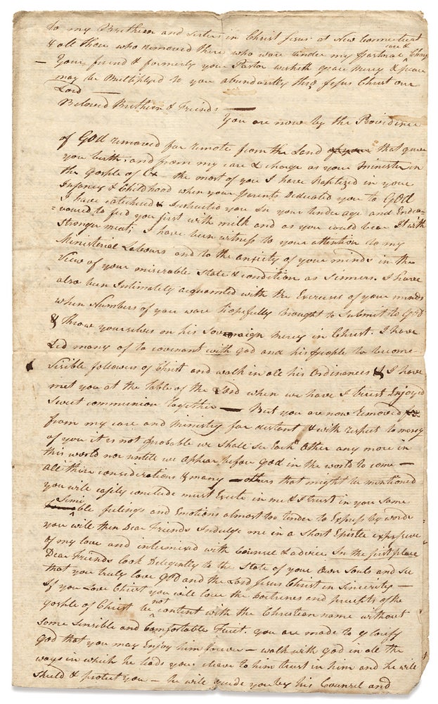 [145667] [Manuscript Circular Letter ca. 1803 from Congregationalist minister Rev. Ammi R. Robins to former members of his Connecticut congregation, then residing at New Connecticut, in the Western Reserve of Ohio]. Ammi Ruhamah Robbins, 1740–1813.