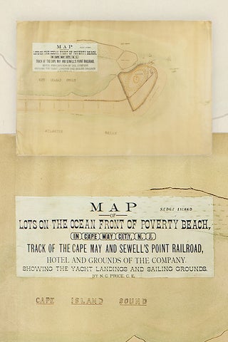 Original ca. 1880–1893 Poverty Beach, Cape May City, New Jersey illustrated map showing Cape May and Sewell’s Point Railroad, hotel and company grounds, nearby yacht landings and sailing grounds.