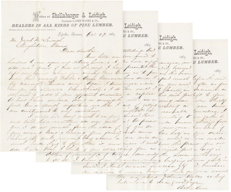 [371931] 1868 - 1869 Autograph letters signed written by Topeka, Kansas lumber dealer John M. Leidigh to his brother Jacob M. Leidigh, farmer in Stoughstown, Pennsylvania. John Leidigh.