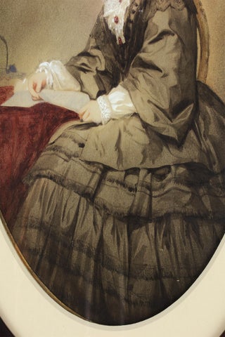 Nineteenth-Century Watercolor Portrait of Woman holding a Letter.