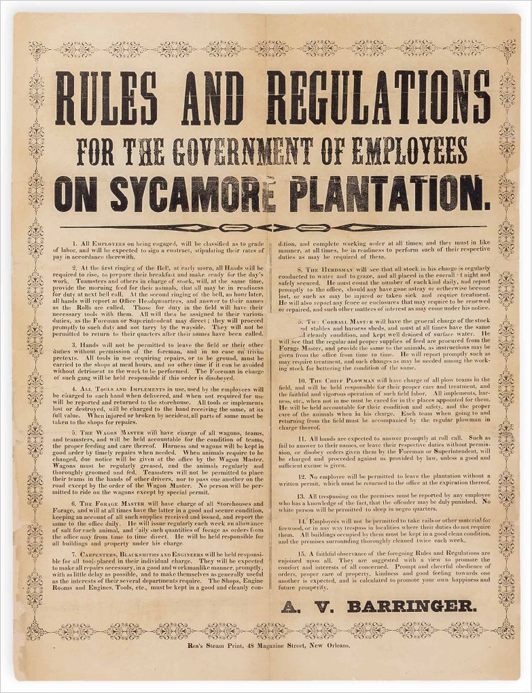 [3724971] Rules and Regulations for the Government of Employees on Sycamore Plantation. A V. Barringer, W H. G. Hall.