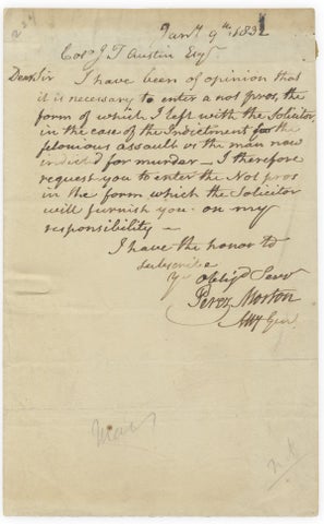 3725062] 1832 Autograph Letter Signed from Perez Morton, Revolutionary War patriot and Boston...
