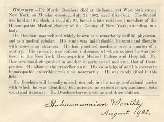 In Memoriam, Martin Deschere, July 21, 1902 [cover title of a manuscript memorial album for a New York Homeopathic Physician].