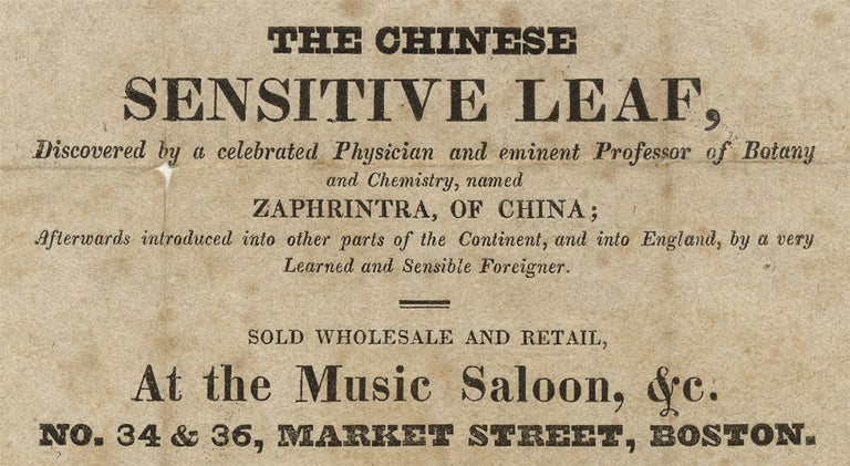[3725442] The Chinese Sensitive Leaf, Discovered by a celebrated Physician and eminent Professor of Botany and Chemistry, named Zaphrintra, of China, Afterwards introduced into other parts of the Continent, and into England, by a very Learned and Sensible Foreigner… [opening lines of broadside]. Unk.