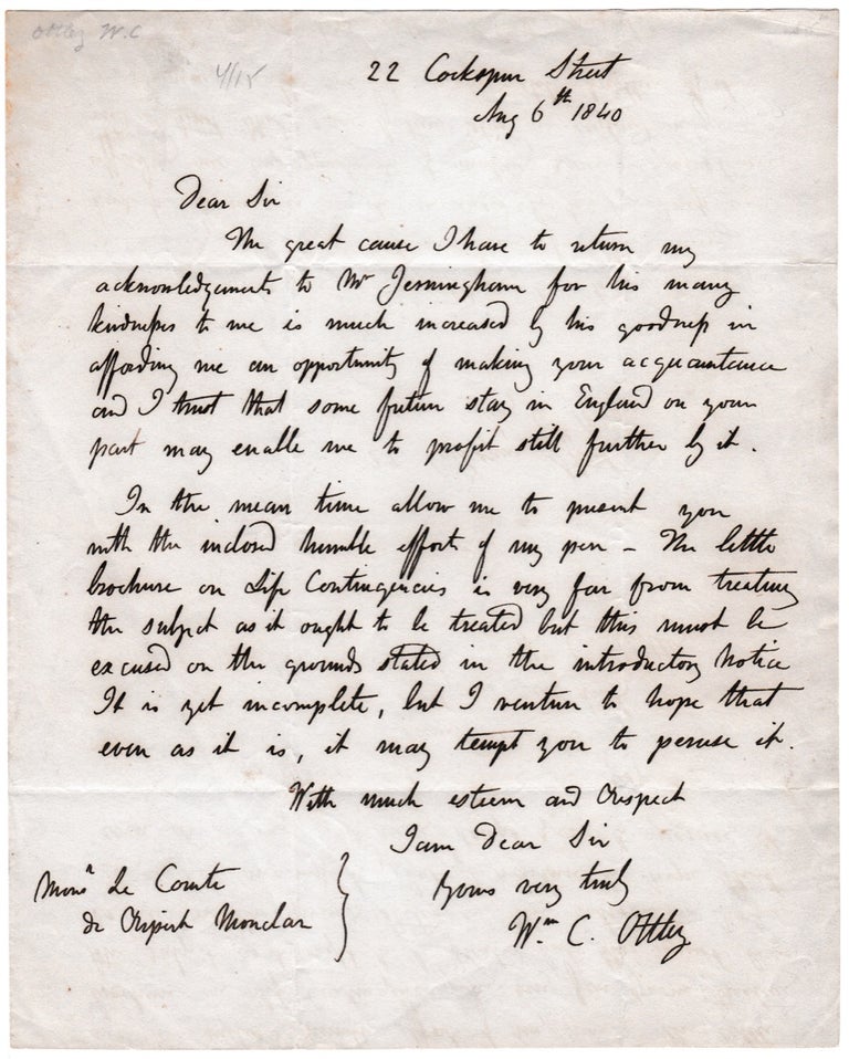 [3725524] Autograph Letter Signed by William C. Ottley, Calculus and Chemistry Author. Wm. C. Ottley, 1808–1843, William Campbell Ottley.