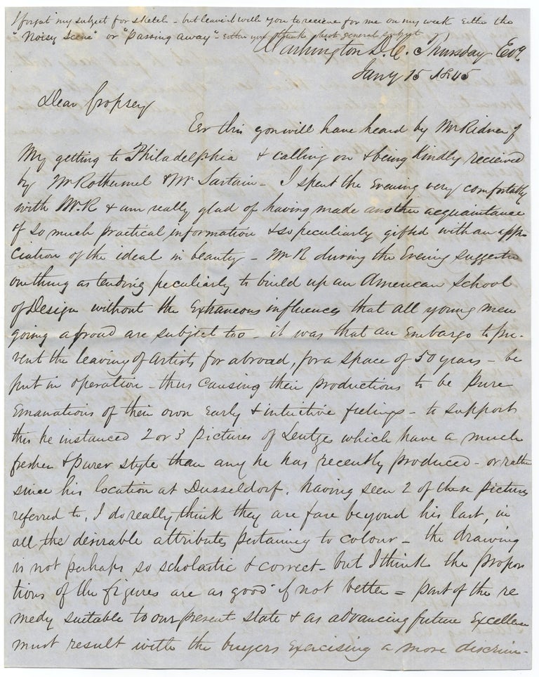 [3725540] 1845 Autograph Letter Signed from Artist John Mackie Falconer to Hudson River Artist Jasper Cropsey discussing the “American School of Design” and giving an Overview of the American Art Scene including Observations on such Artists as Emanuel Leutze, Peter Rothermel, and Thomas Sully. J M. Falconer, 1820–1903, 1823–1900, John Mackie Falconer, Jasper F. Cropsey.