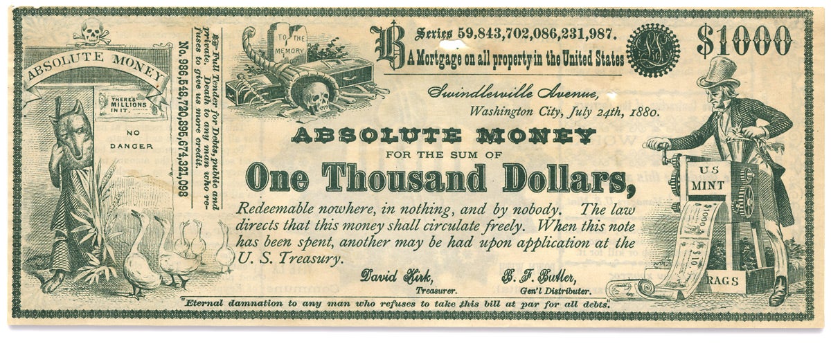 C.1880 Uncle Sam Satirical “Greenback” Political Bank Note | Benjamin F ...