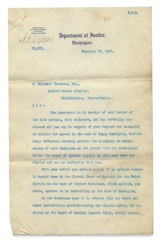 Two letters, 1906 to 1907, by Henry M. Hoyt, Solicitor General and Acting U.S. Attorney General, on medical issues of immigration law and a Supreme Court immigration case.