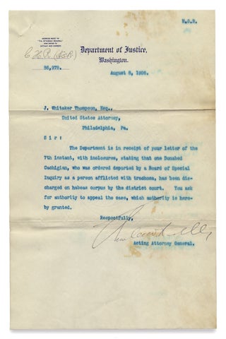 Two letters, 1906 to 1907, by Henry M. Hoyt, Solicitor General and Acting U.S. Attorney General, on medical issues of immigration law and a Supreme Court immigration case.