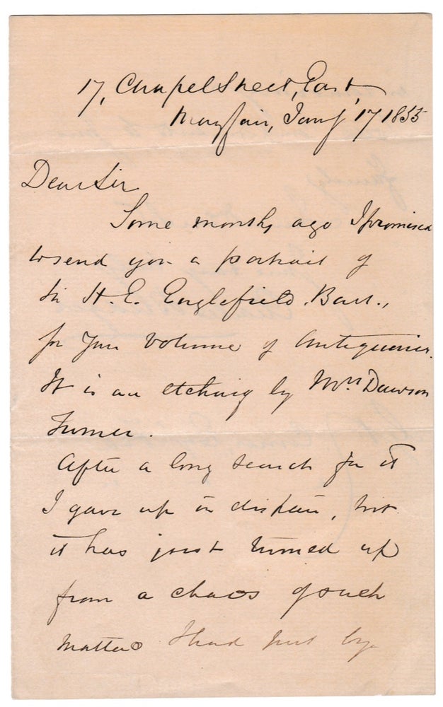[3725715] 1855 Autograph Letter Signed by Rev. Charles Bridges (1794–1869), transmitting etching by Mary Dawson Turner, daughter-in-law, of artist James Turner. Charles Bridges, 1794–1869, Mary Dawson Turner.