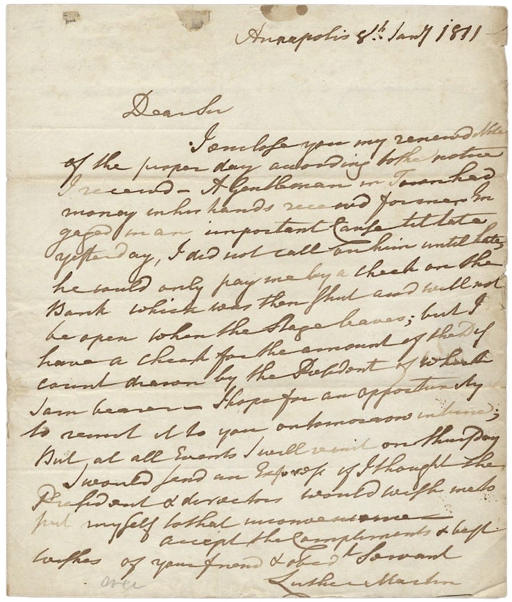 [3725999] 1811 Autograph Letter Signed by Luther Martin, Maryland Lawyer and Anti-Federalist. Luther Martin, 1748–1826.