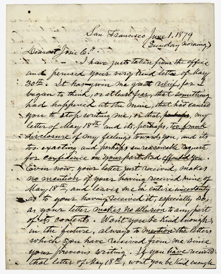 [3726058] [1879 Autograph Letter Signed by Lawyer James B. Townsend, 1849 Member of Gold Rush of Society of California Pioneers, writing to his beloved “Josie C.”]. James B. Townsend.