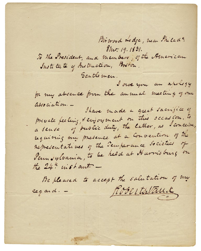 [3726062] 1831 Autograph Letter Signed by Roberts Vaux, Pennsylvania Abolitionist, Reformer of Education and Prisons, and Jurist. Roberts Vaux, 1786–1836.