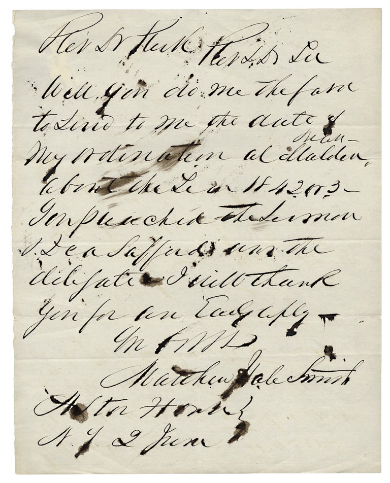 [3726072] Autograph Letter Signed by Matthew Hale Smith, Minister, Lawyer, Lecturer, Author, and Journalist. Matthew Hale Smith, 1810–1879.