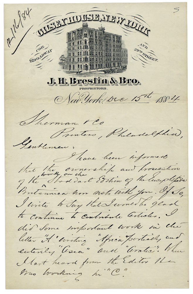 [3726073] 1884 Autograph Letter Signed by Alvan S. Southworth, former Secretary to the American Geographical Society, Travel Writer, Journalist. Alvan S. Southworth, 1845–1901.