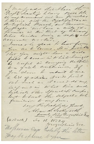1884 Autograph Letter Signed by Alvan S. Southworth, former Secretary to the American Geographical Society, Travel Writer, Journalist.
