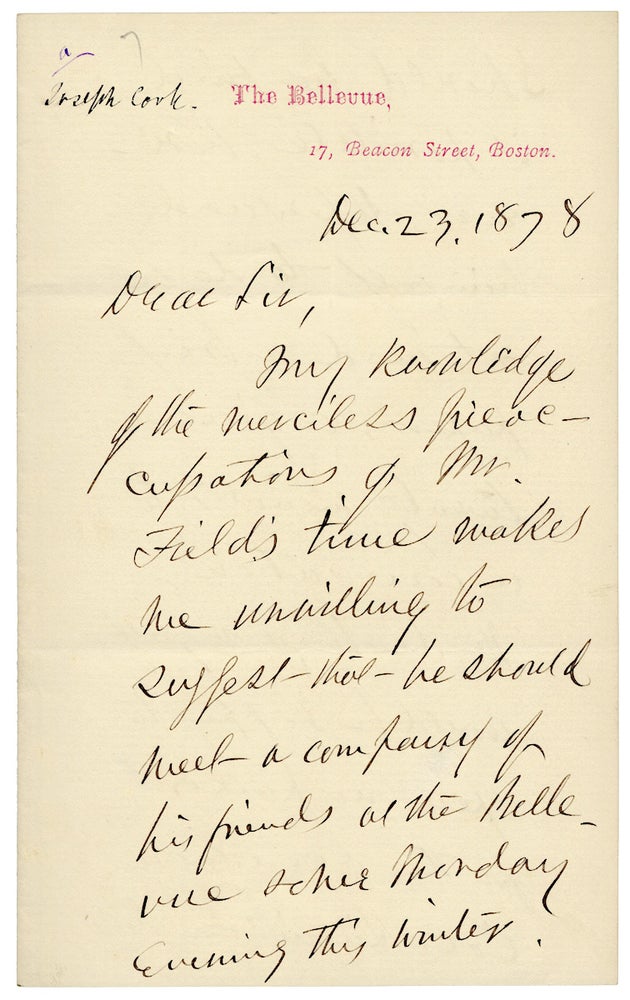 [3726169] 1878 Autograph Letter Signed by Lecturer Rev. Joseph Cook to Boston Publisher James T. Fields on Emerson and Bronson Alcott. Joseph Cook, 1838–1901.
