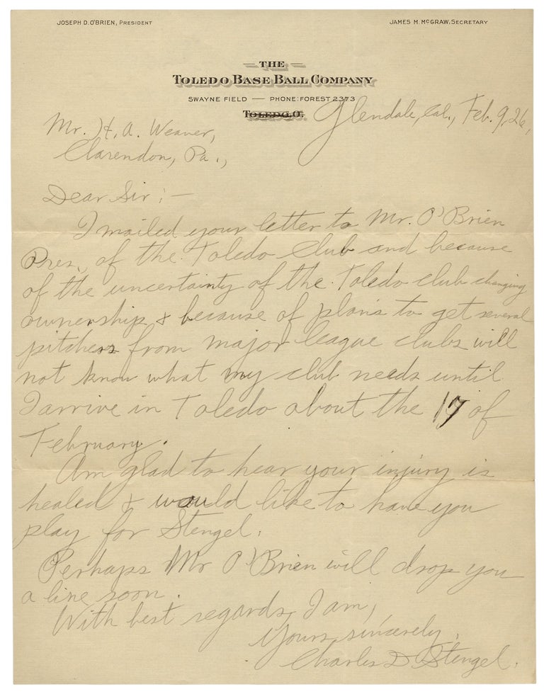 [3726230] 1926 Autograph Letter Signed by Casey Stengel, Baseball Hall of Famer, from his early managerial career; with five letters from other. Charles D. Stengel, 1890–1975, 1892–1983, Charles Dillon “Casey” Stengel, Harry A. Weaver.