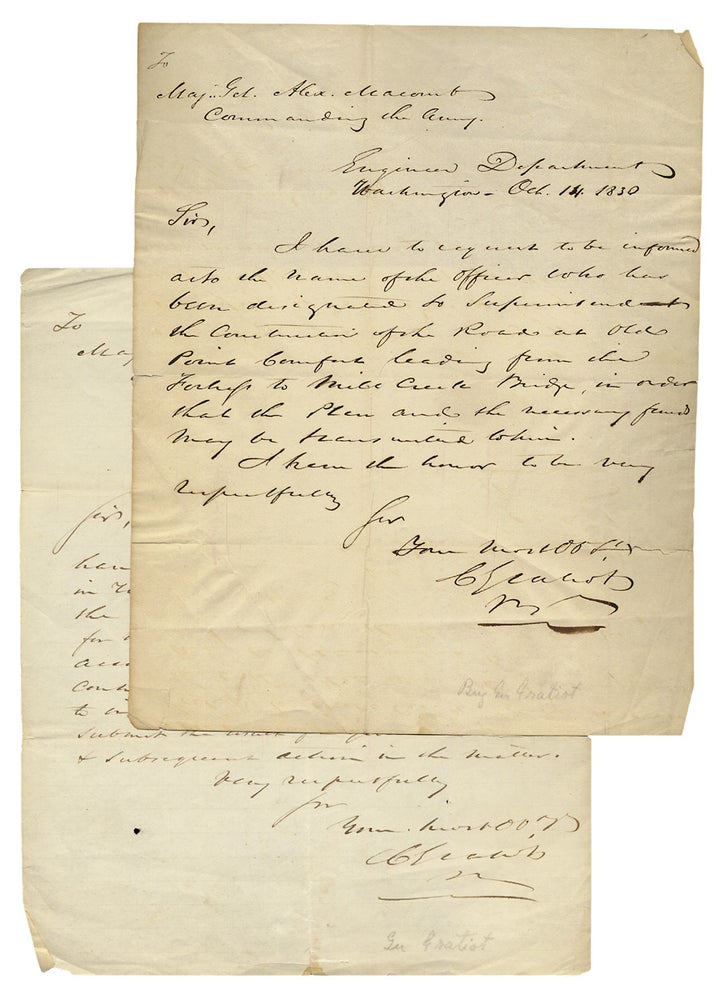 [3726264] 1830 and 1836 Autograph Letters Signed by Col. Charles Gratiot, U.S. Army Chief Engineer, Constructing a Road near Old Point Comfort, Virginia. Charles Gratiot, 1786–1855.