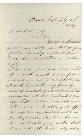 1869 Autograph Letter Signed by former Hawaiian Medical Missionary Seth L. Andrews from Romeo, Michigan.