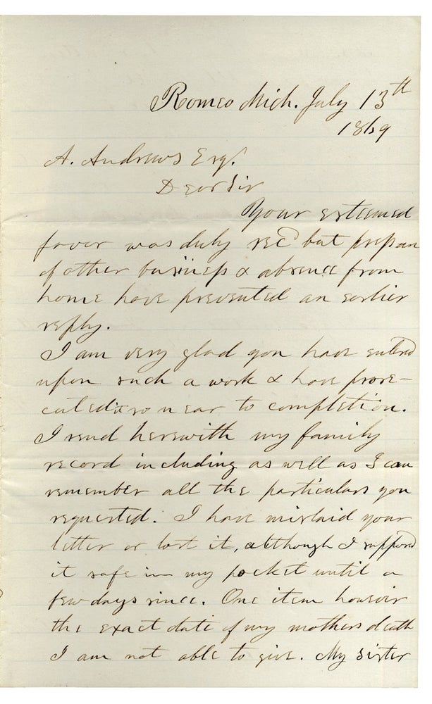 [3726275] 1869 Autograph Letter Signed by former Hawaiian Medical Missionary Seth L. Andrews from Romeo, Michigan. Seth L. Andrews, 1809–1883.