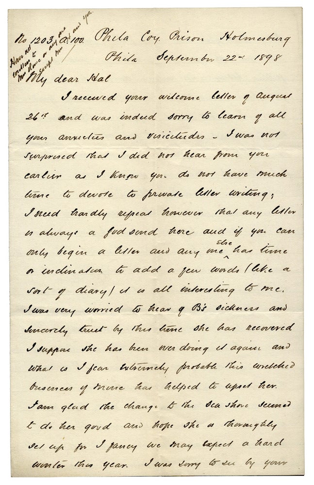 [3726277] [1898 Autograph Letter Signed by a Convict; Life as a Runner in Prison in Philadelphia]. No. 1203 Arthur.