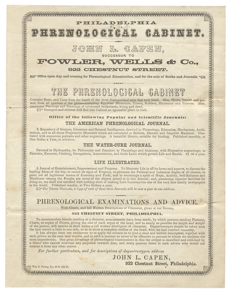 [3726309] Philadelphia Phrenological Cabinet. John L. Capen, Successor to Fowler, Wells & Co. [broadside caption title]. John L. Capen, ca. 1823–1905, John Lemuel Capen.