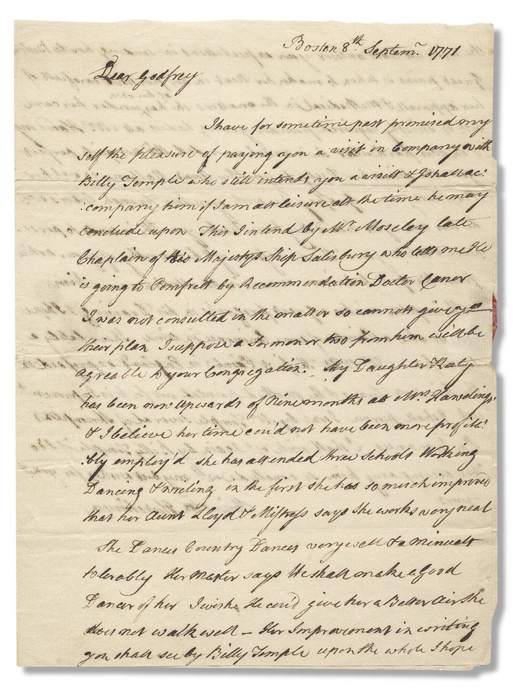 [3726332] [1771 Autograph Letter Signed by Shrimpton Hutchinson on receiving American artist Benjamin West’s letter and his daughter’s education]. Shrimpton Hutchinson, 1735–?