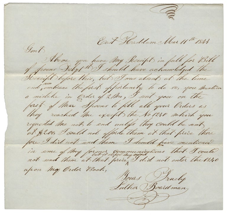 [3726387] 1844 Autograph Letter Signed from Luther Boardman, Successful Connecticut Silversmith Founder. Luther Boardman.