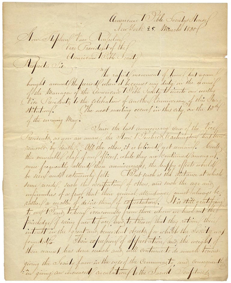 [3726392] 1830 Autograph Letter Signed by Reverend J.C. Brigham to Stephen Van Rensselaer, American Bible Society President. Reverend J. C. Brigham.