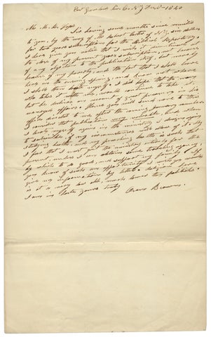 3726395] 1840 Autograph Letter Signed by East Groveland, New York preacher Oren Brown. Oren Brown