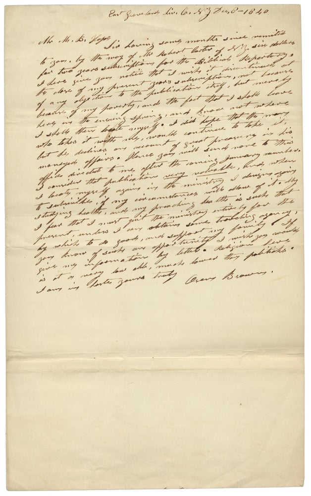 [3726395] 1840 Autograph Letter Signed by East Groveland, New York preacher Oren Brown. Oren Brown.
