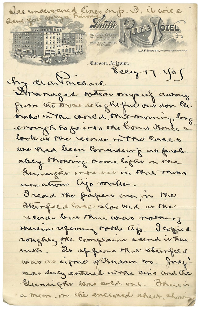 [3726399] [1905 Autograph Letter Signed from Tucson, Arizona Territory discussing Law, Mining, and the Gunsight Company]. E P. Hamersly.