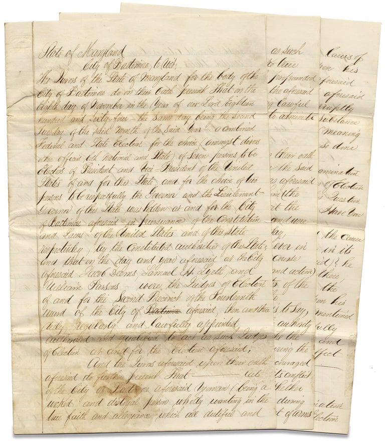 [3726410] [1864–1865 Baltimore, Maryland Civil War Manuscript 11-Page Draft Document concerning the U.S. Presidential Election of 1864 and a Disloyal, Confederate Sympathizer in Maryland]. Unk.