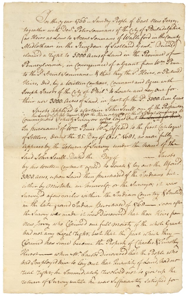 [3726412] [18th Century Legal Memorandum concerning a Disputed “Indian Country” Land Grant in Colonial Pennsylvania]. Dr. Peter Sonmans, Joseph Jacobs, John Scull, Mr. Galloway.