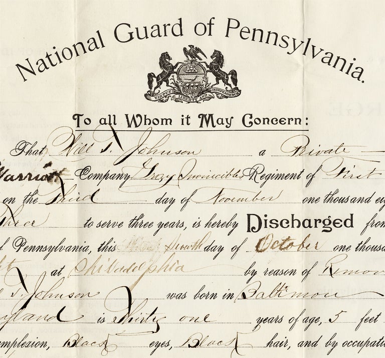 [3726413] [1899 Black Baltimore Printer’s Military Discharge from a Philadelphia “Colored” Militia Unit]. Will T. Johnson, c.1868–?