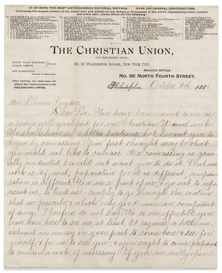 [1881 ALS Recruiting a Canvassing Agent for The Christian Union, Edited by Henry Ward Beecher and Lyman Abbott].