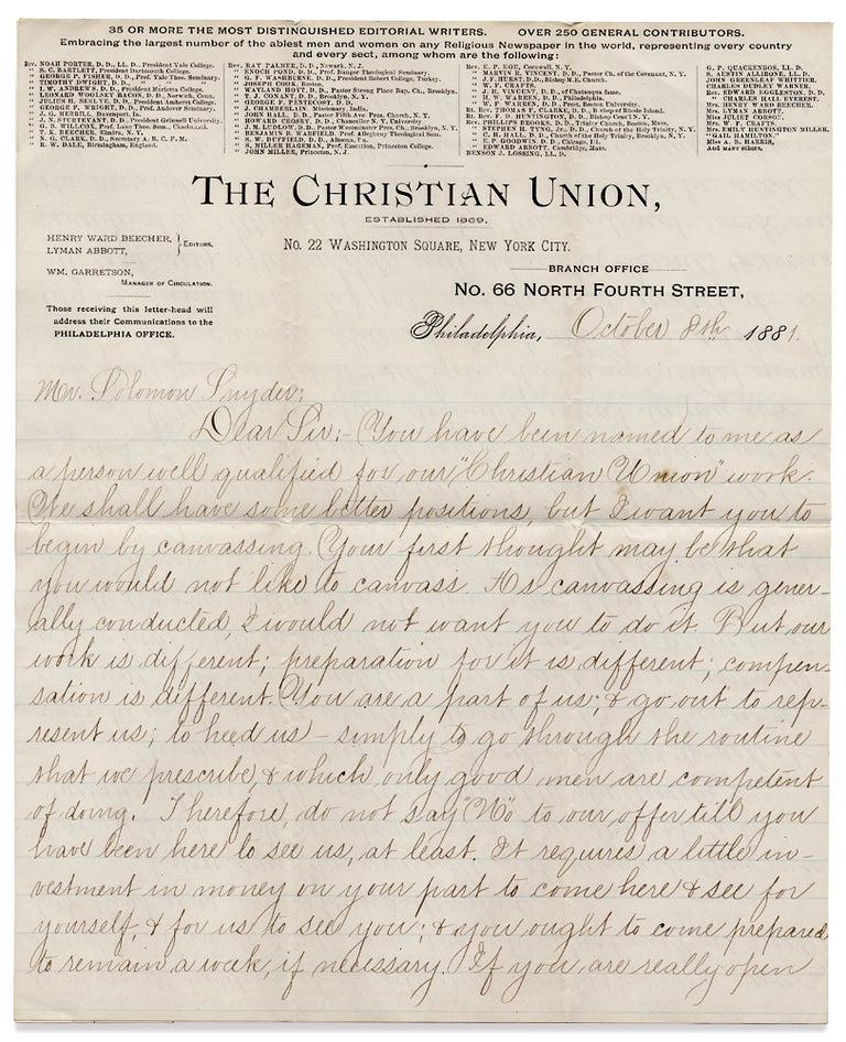 [3726420] [1881 ALS Recruiting a Canvassing Agent for The Christian Union, Edited by Henry Ward Beecher and Lyman Abbott]. Henry Ward Beecher, Lyman Abbott, Wm. Garretson, Solomon Snyder.