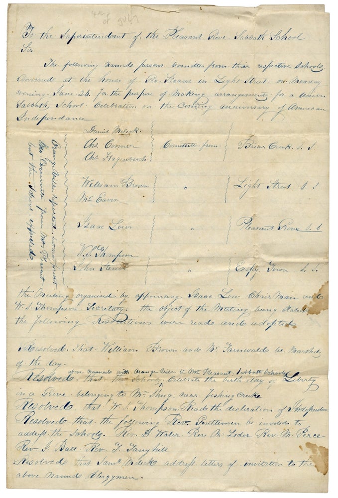 [3726438] Manuscript Resolutions to Organize a Fourth of July Procession ca. 1843, in Columbia County, Pennsylvania. Secretary W S. Thompson, Isaac Low.