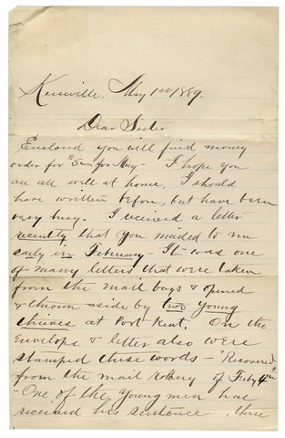 3726439] [1889 Autograph Letter Signed, a Mail Robbery at Port Kent and Tobacco Juice]....
