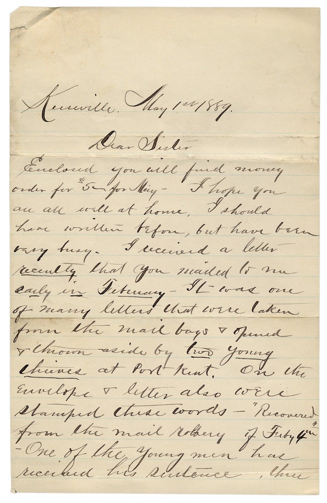 [3726439] [1889 Autograph Letter Signed, a Mail Robbery at Port Kent and Tobacco Juice]. “Rufus”.