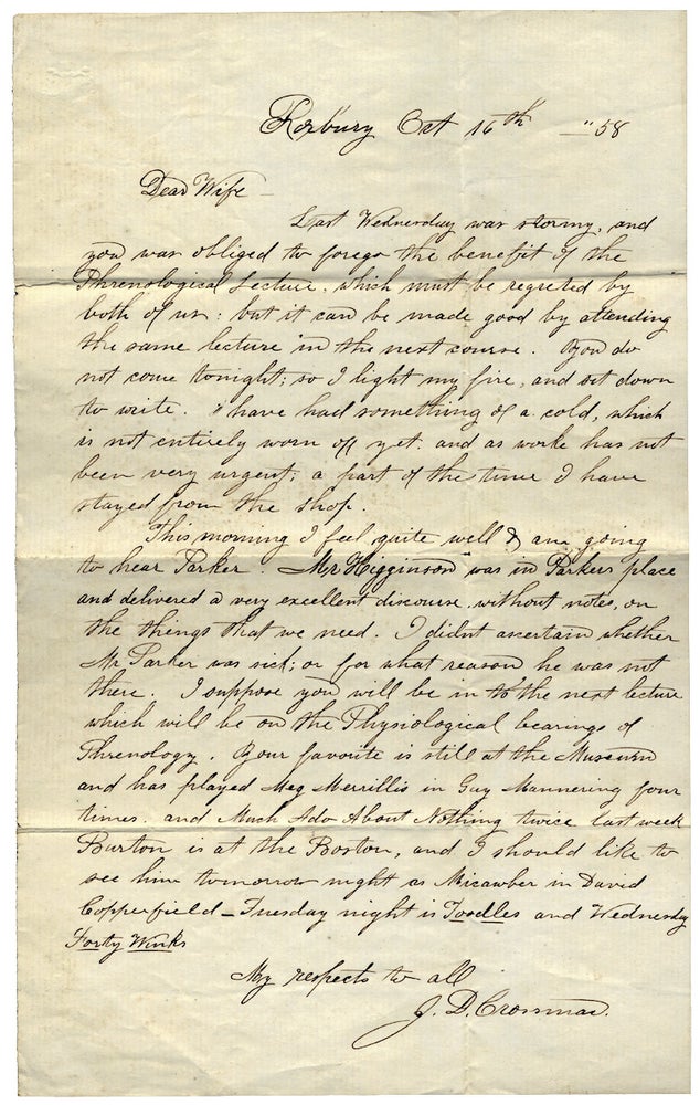 [3726452] 1858 Autograph Letter Signed discussing Phrenology, Theodore Parker, Thomas Wentworth Higginson. J D. Crossman.
