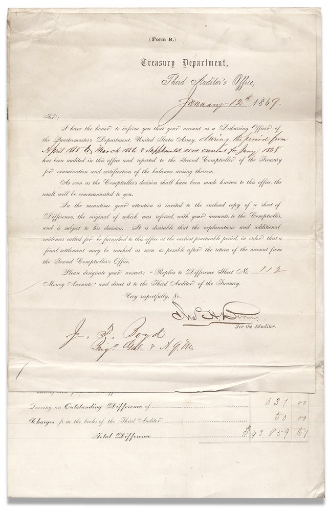 [3726454] [Statement of Differences arising on settlement of the accounts of Joseph Fulton Boyd Brig. Genl. A.Q.M. for disbursements in the Quartermaster’s Department ... from April 1865 to March 1866 and… January 1868]. for the Auditor Chas. H. Brown, A Q. M., 1832–1907 Joseph Fulton Boyd, Brig. Genl. [Bvt J F. Boyd.