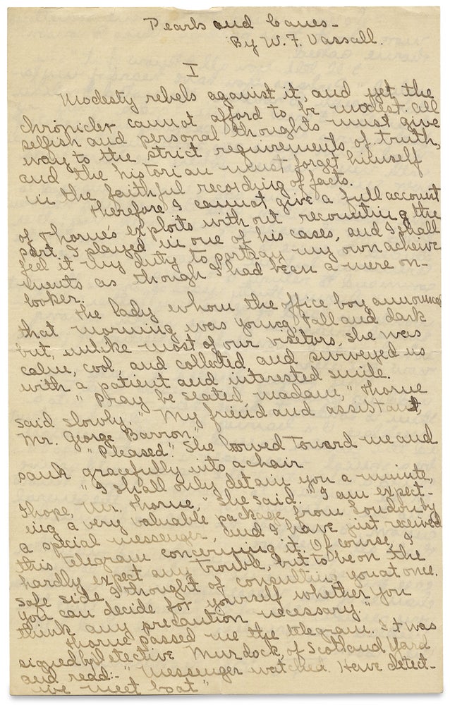 [3726466] [Manuscript of William F. Vassall’s 1916 New York City Mystery “Pearls and Canes,” published in Detective Story Magazine]. William F. Vassall.