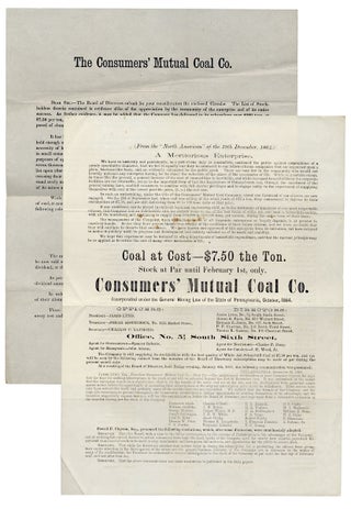 The Consumers’ Mutual Coal Company. Capital Stock: 50,000 shares, at $10 per Share, $500,000. President, James Lynd. Treasurer, Josiah Kisterbock, No. 1231 Market Street [...]. Office, No. 5 1/2 South Sixth Street.