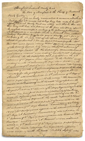 [C.1821 Indictment for Libeling a Maryland Judge and a related Subpoena issued to a Maryland Newspaper Editor].