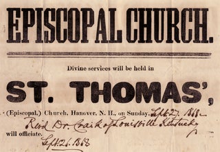 Episcopal Church. Divine services will be held in St. Thomas’, (Episcopal,) Church, Hanover N.H., on Sunday, [in manuscript:] Sept. 27, 1868—Rev’d Dr. Craik of Louisville Kentucky will officiate. Sept. 26, 1868.